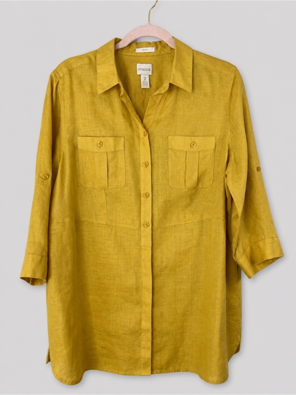 Chico’s Mustard Yellow Linen Blend Tunic Blouse Roll Tab Sleeve Utility Shirt